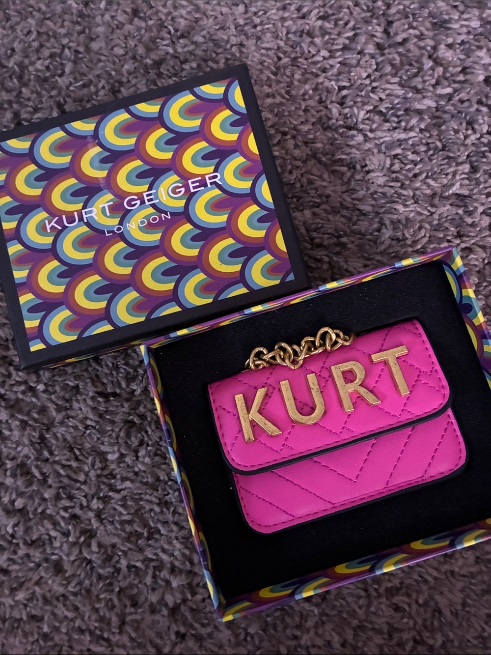 Kurt Geiger Hot Pink Quilted Mini Keychain Bag with Gold Letters